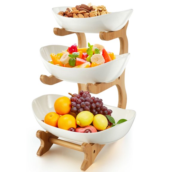 Adifare 2 Tier/3 Tier Ceramic Fruit Bowl with Stand Large Capacity Ceramic Fruit Basket Tray Holder Multifunctional Fruit Serving Bowl Set for Fruit Vegetable Dessert