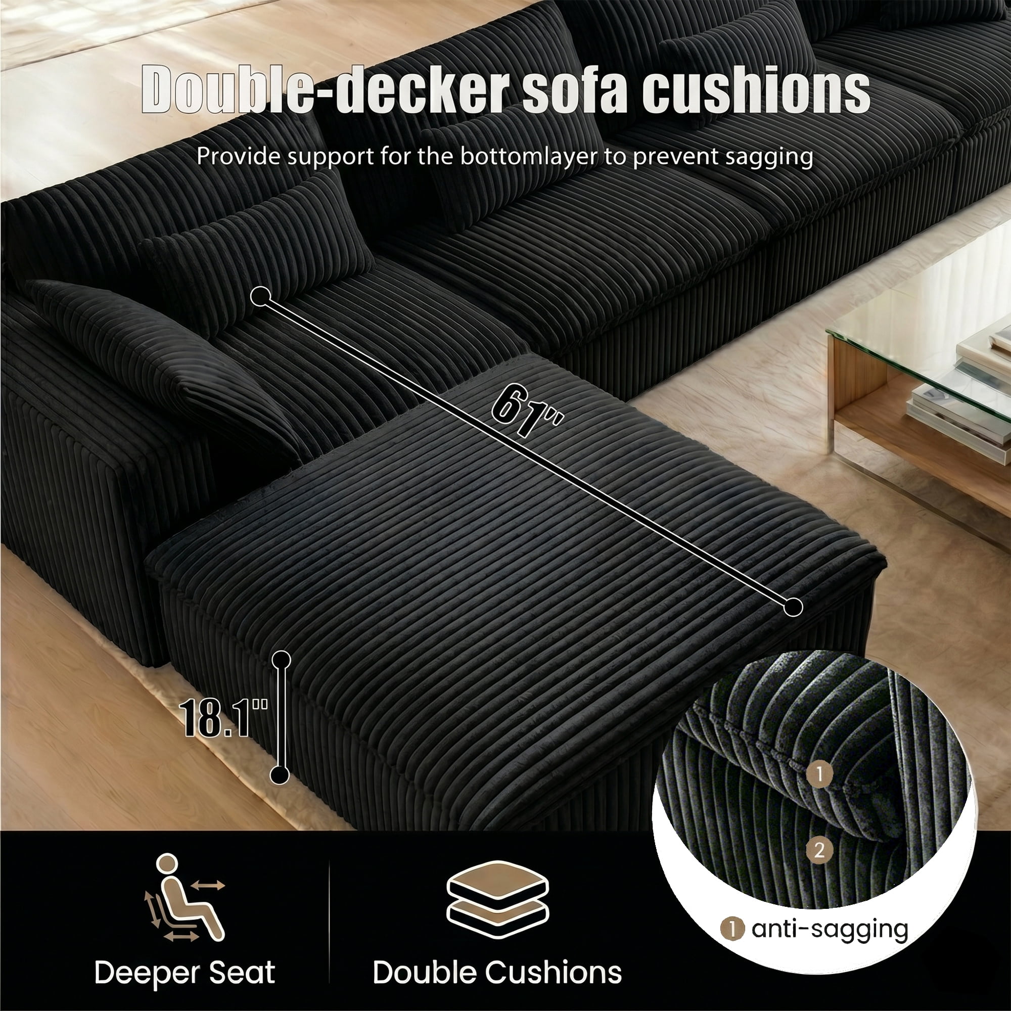 78.8" Corduroy Boneless Loveseat Couch with Removable Cushion, Cloud sectional Sofa, No Assembly Required, Compression Sofa in a Box, DlY Combination for Living Room