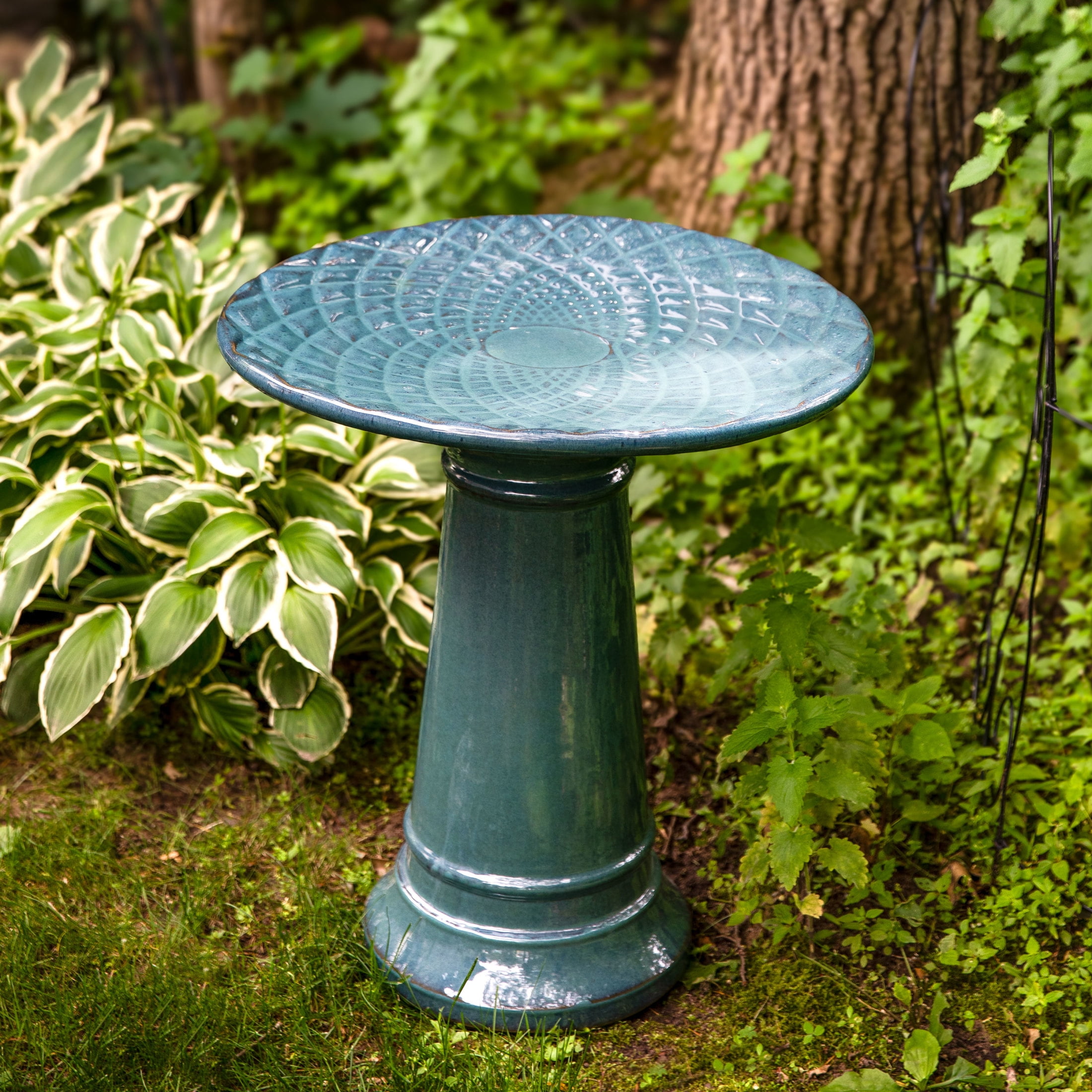 Sunnydaze Rennes Freestanding Ceramic Outdoor Bird Bath, UV-Resistant Turquoise Finish