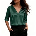 thumbnail image 6 of Silky Satin V Neck Blouse for Women Roll Cuffed 3/4 Sleeve Loose Tunic Shirts Business Casual Tops Lightweight Summer Trendy Outfits Green, 6 of 6