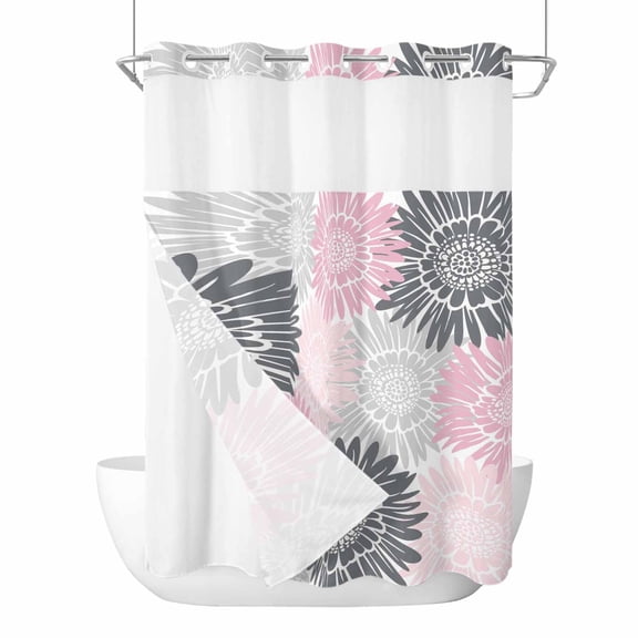 Pink Grey Sunflowers No Hook Shower Curtain with Snap in Liner, Waterproof Fabric Shower Curtains, Boho Rustic Floral Vintage Blossom Shower Curtain Set Top See Through for Bathroom 72"x96"