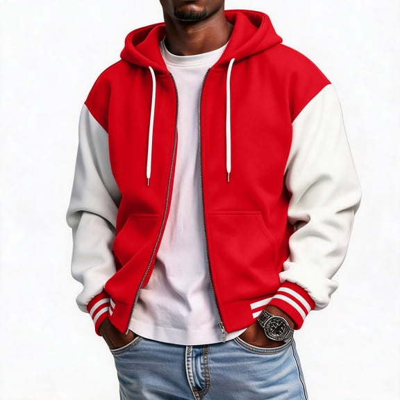 Jackets for Men Hooded Long Sleeve Letterman Casual Coats Zip Up Baseball Basic Warm Soft Fashion Bomber Jackets with Pockets Red 2XL