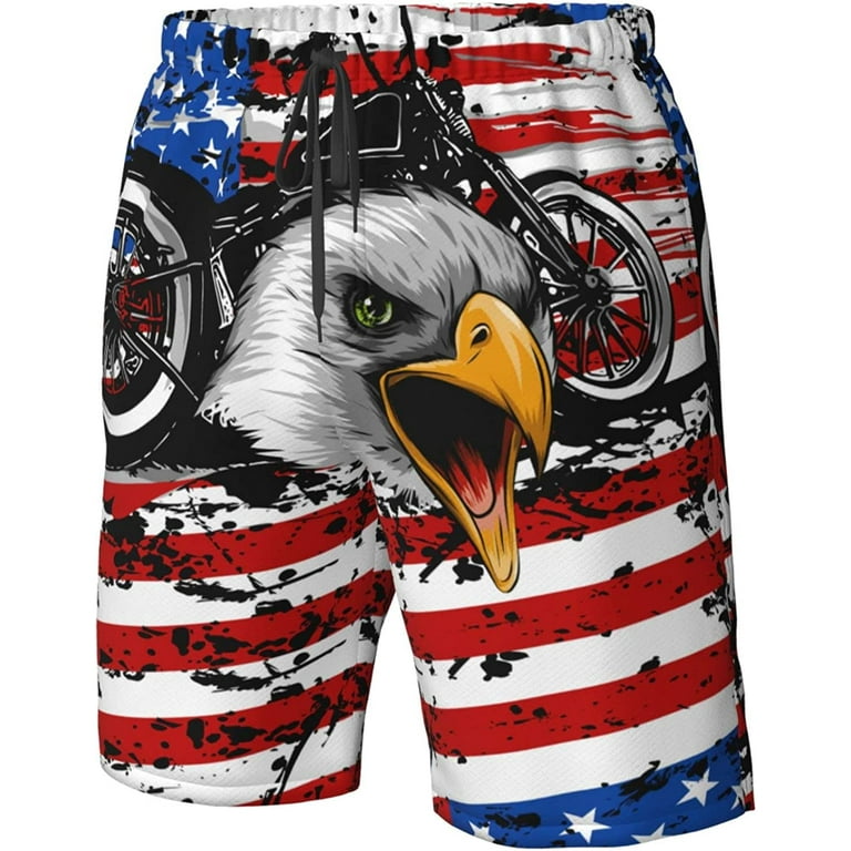 Men's Motorcycle-Head-Eagle-American Flag Swim Trunks Quick Dry