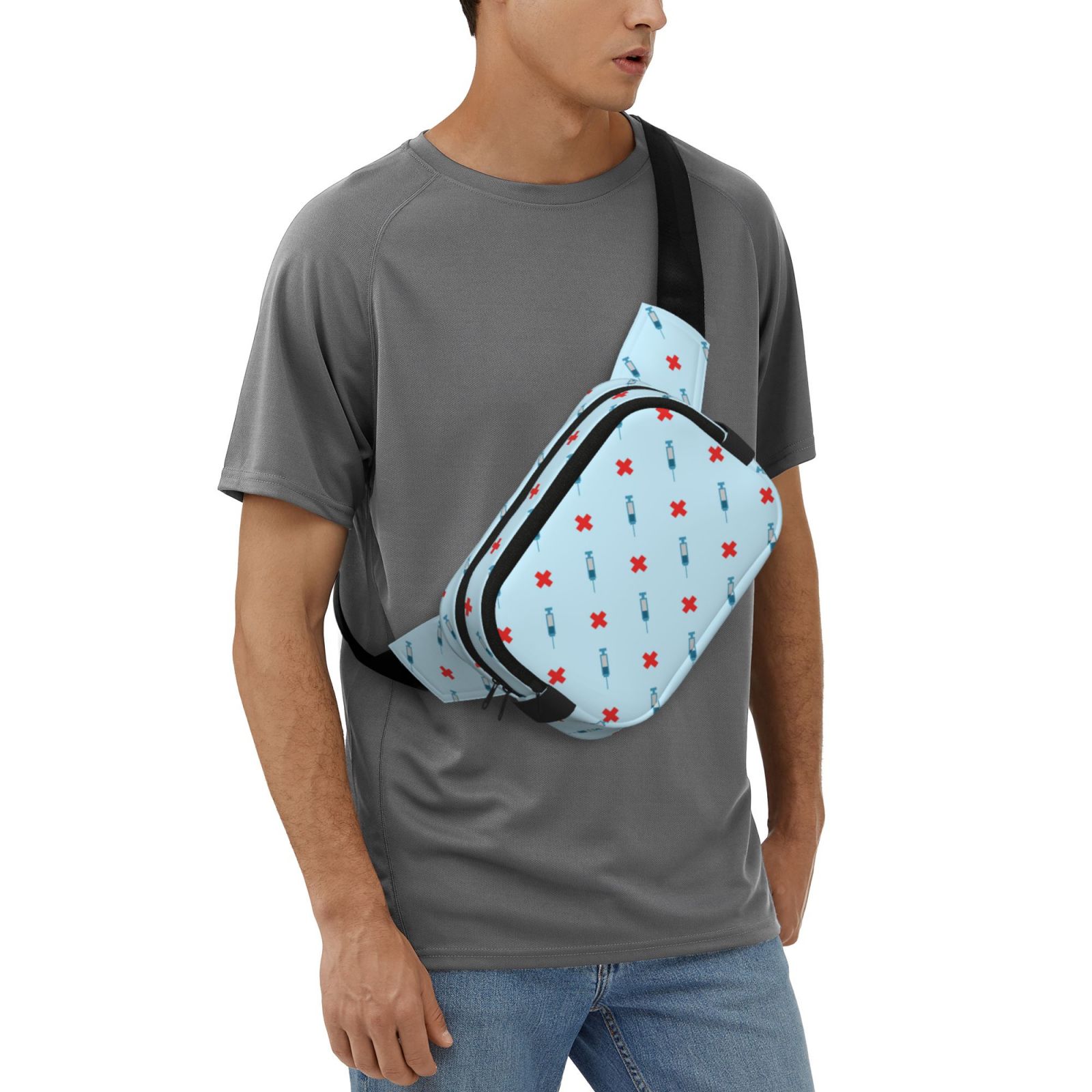 Picia Syringe And Red Cross Print Square Double-Layer Waist Bag Mini Adjustable Waist Belt Bag Exercise Running Travel Hiking