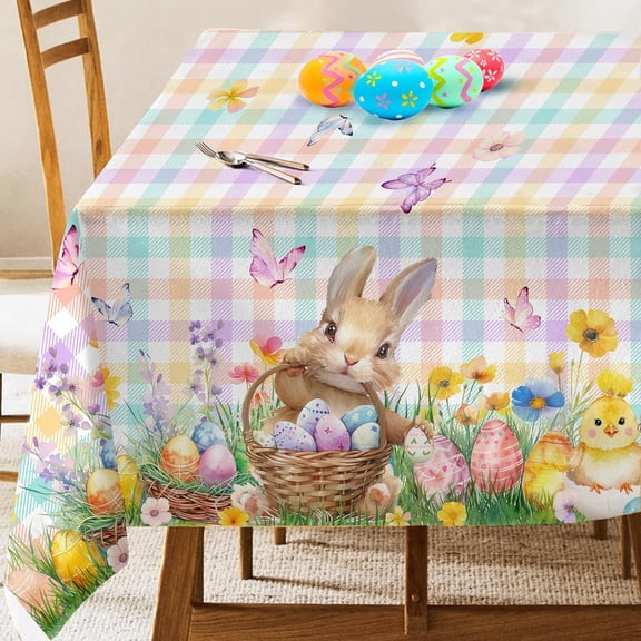 Easter Tablecloth 60x84 Inch Rectangle, Easter Decorations for The Home Bunny and Eggs Table Cloth Spring, Tablecloths Cover Oblong Polyester Vintage Buffalo Plaid for Picnic Party Dinner