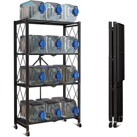 Storage Shelves, Closet Organizers and Storage 4-Shelf Foldable Metal Shelving Units 28" W x 14" D x 50" H for Garage Kitchen Bakers, Collapsible Organizer Rack, Heavy Duty on Wheels (4 -Shelf)