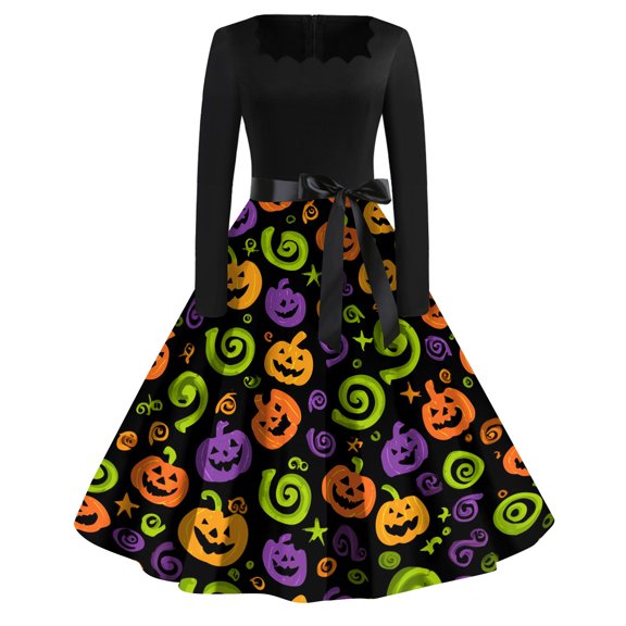 Womens Halloween Hepburn Dresses Spider Webeb Bat Round Neck Horror Hepburn Dresses Castle Moon Long Sleeve Funny Hepburn Dress, M