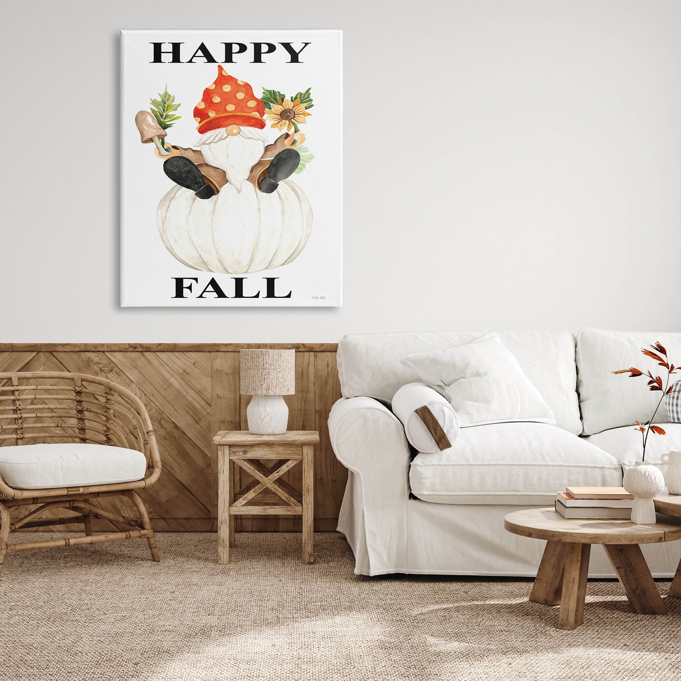 Happy Fall Whimsical Gnome Holiday Graphic Art Gallery Wrapped Canvas Print Wall Art