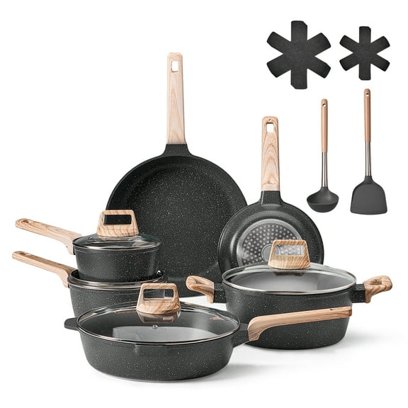 KFFKFF 17 Piece Non-stick Cookware Set, Compatible with Gas, Electric Induction Stoves, RV Cooking Ensemble with Fry, Sauce, Saute Pans, Reinforced Glass Covers, and Pan Guards, Black