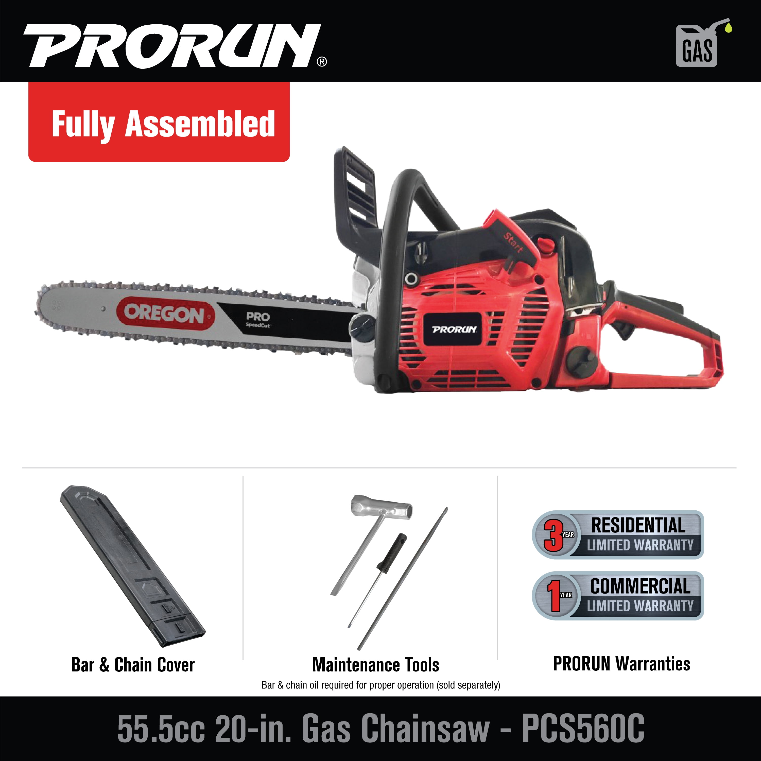 PRORUN 20" 55.5cc 2-Cycle Gas Powered Chainsaw, Well Balanced