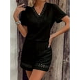 thumbnail image 5 of Short Sleeve Womens 2-Piece Set Summer Loose Lace V Neck T Shirts Dressy Casual Ruffle Sleeve Tunic Blouses Shorts Black XL, 5 of 7