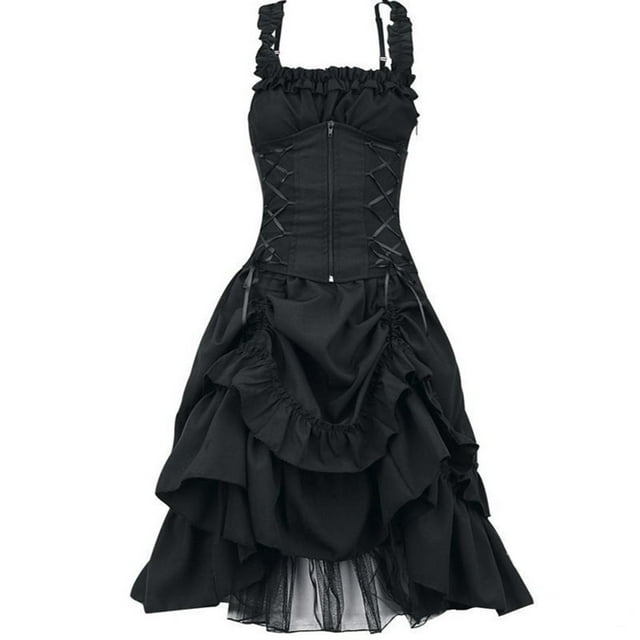 jovat Robe d'Été Sans Manches Style Gothique Foncé à Cordon de Serrage Couleur Unie