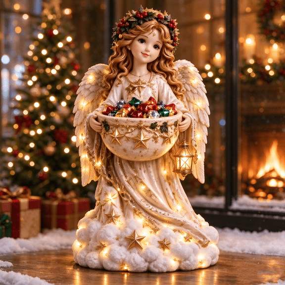 Lighted Christmas Candy Bowl, Angel Figurine Tabletop Centerpiece with Halo and Wings, Resin Holiday Candy Dish with LED Glow for Home Decor