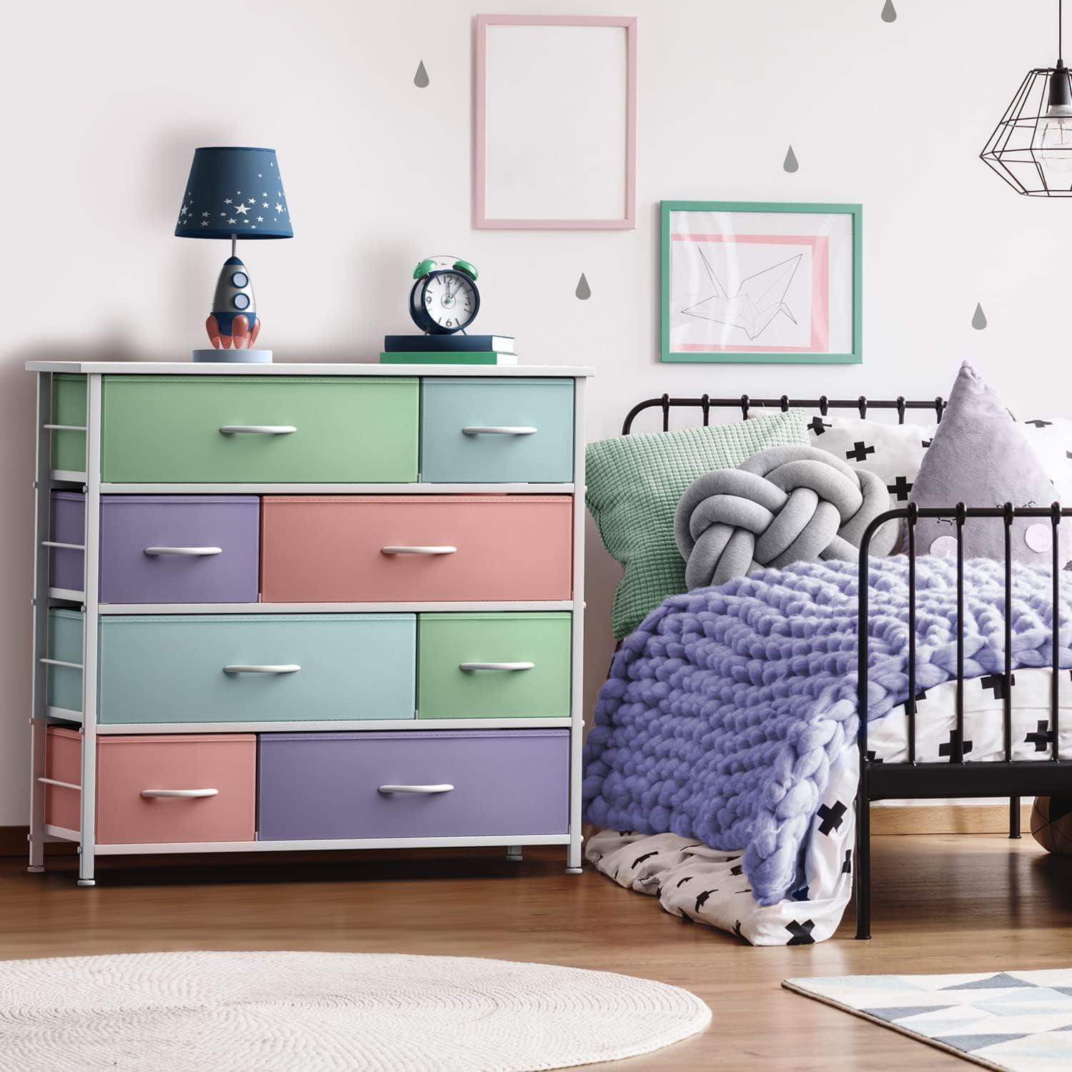 Sorbus 8-Drawer Dresser, Steel Frame Storage Chest with Fabric Bins, Wood Top, Multi Pastel