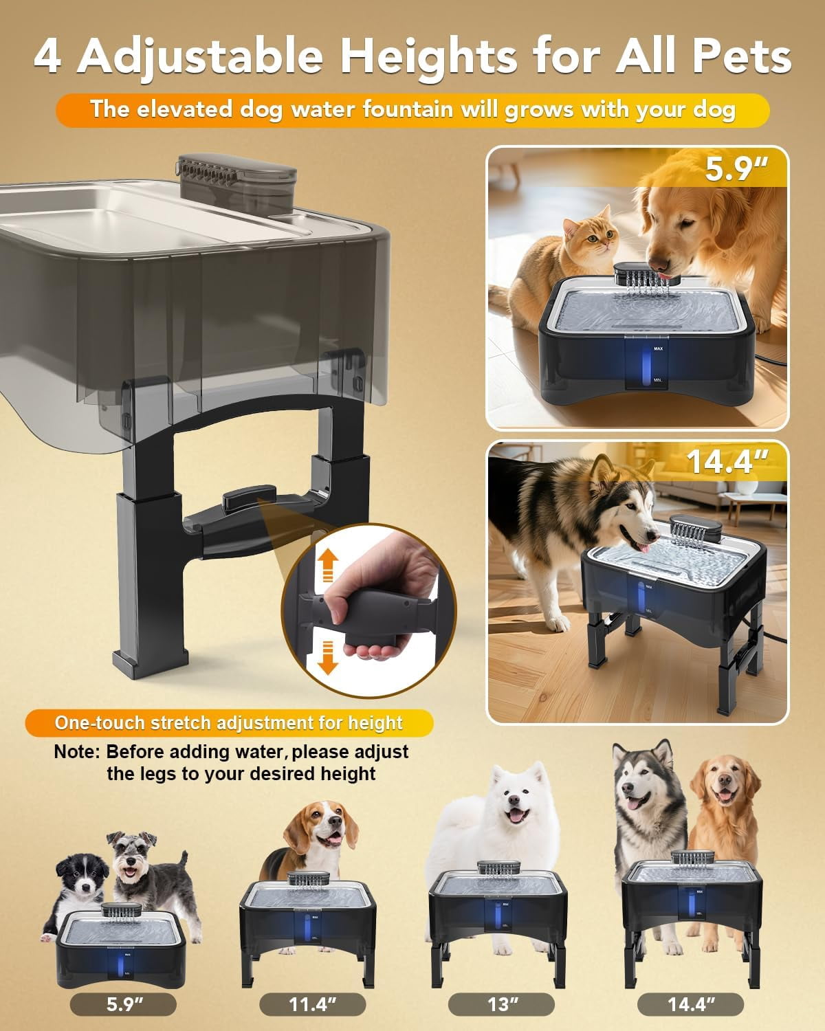 2.25-Gallon Elevated Dog Water Fountain, 4-Height Adjustable Pet Fountain for All Dog Sizes, 304 Stainless Steel Tray Indoor Cat Drinking Dispenser with Ultra-Quiet Pump & 2 Replacement Filters