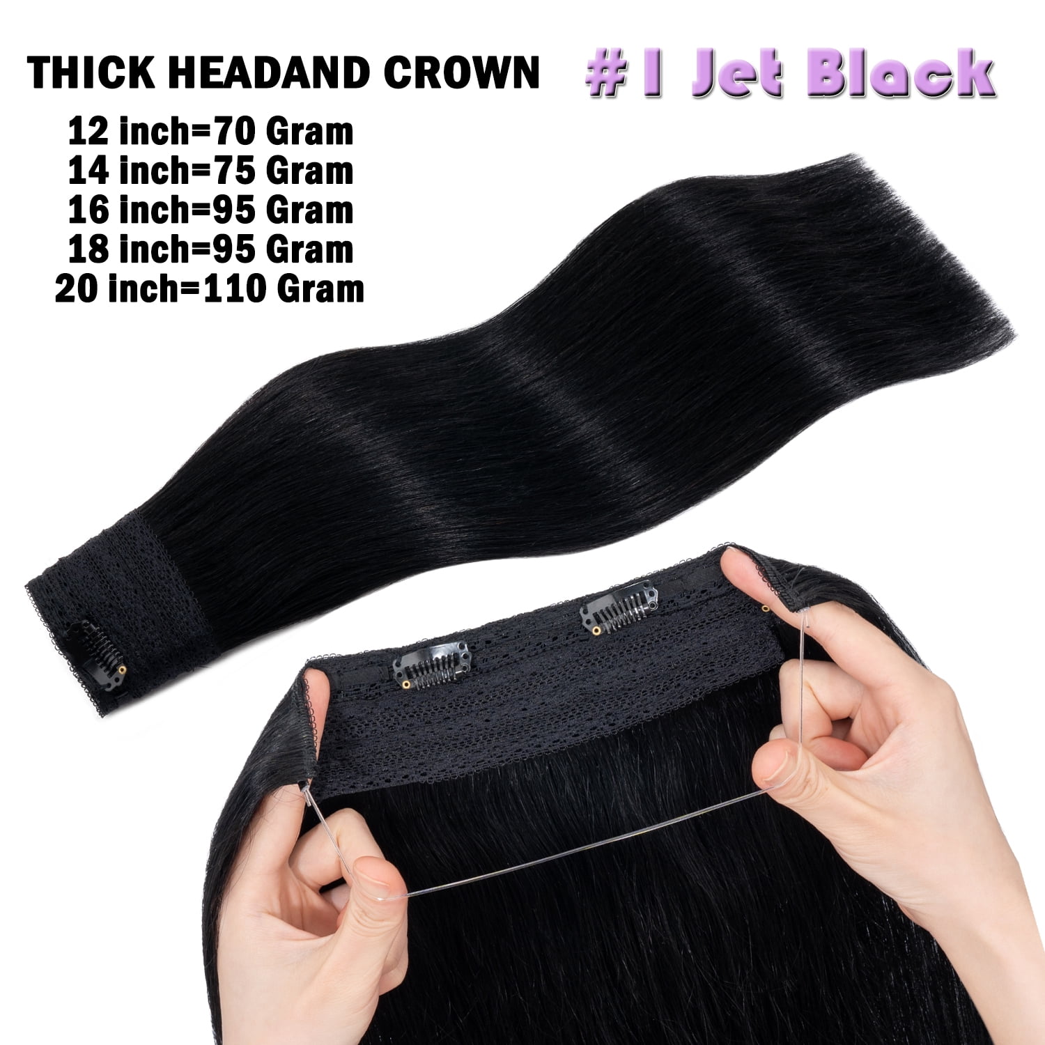 Hidden Secret Clip in Extensions Real Hair Wire in Weft One Piece THICK Human Hair Extensions Headband With 4 Clips Adjustable Black 12"-22"