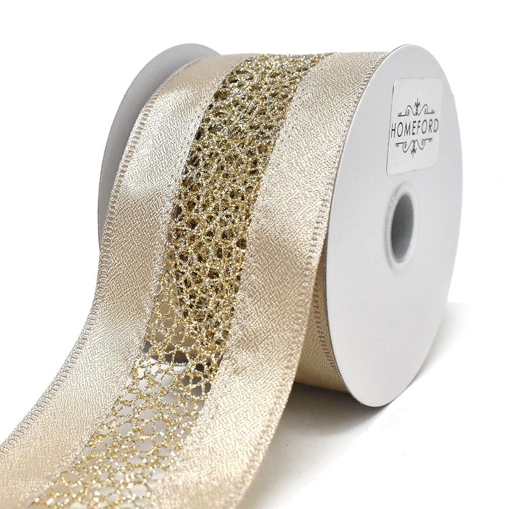 Elegant Satin Ribbon with Glitter  Center Wired Ribbon, Champagne, 2