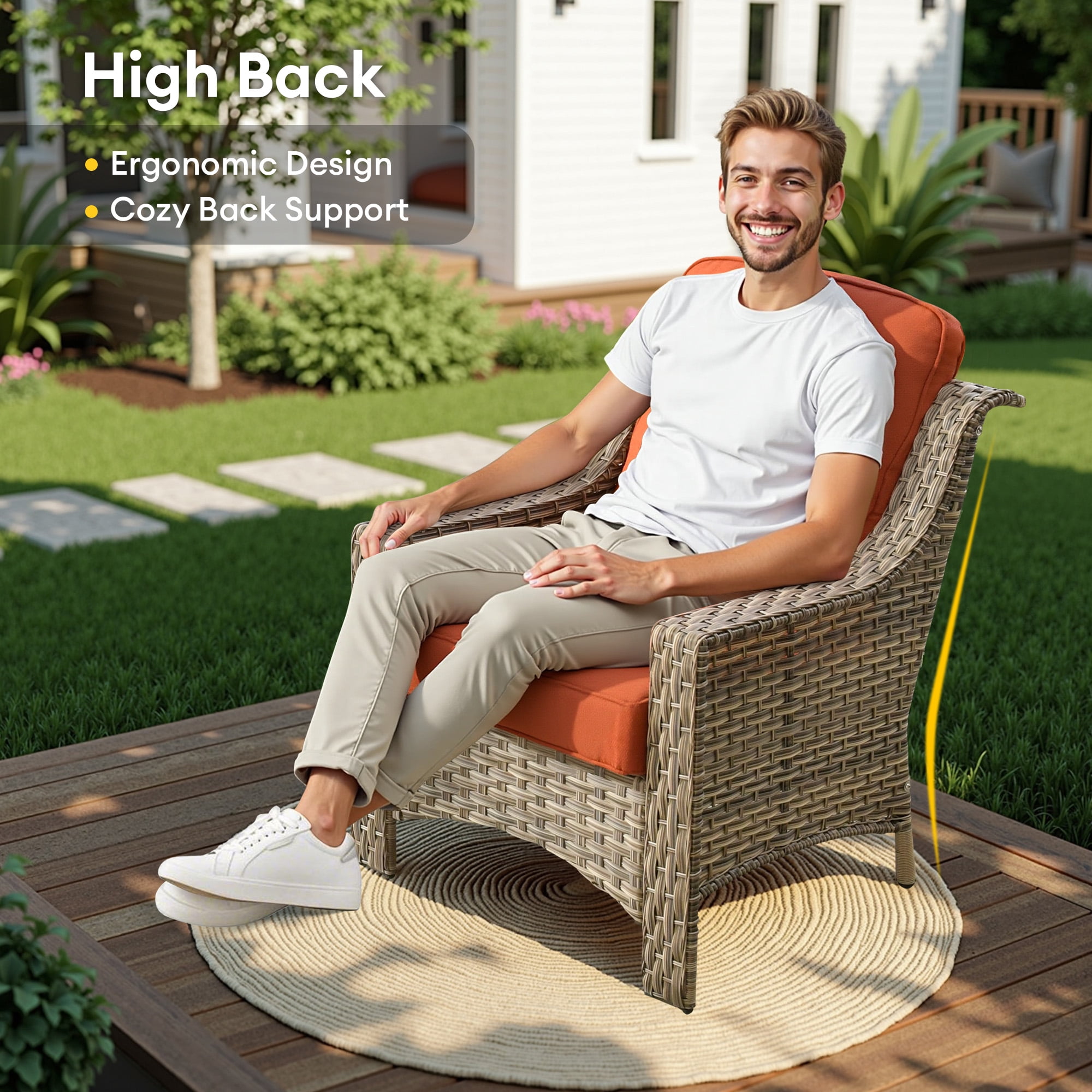 Vcatnet Patio Furniture Set with Fire Pit 8 Pieces Wicker Outdoor Sectionals High Back Outdoor Conversation Set with Ottoman, Coarse Orange Red