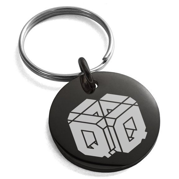 Stainless Steel Letter Q Initial 3D Cube Box Monogram Engraved Small Medallion Circle Charm Keychain Keyring