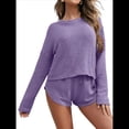 thumbnail image 2 of Conjunto de Pijama de Punto Gofre para Mujer: Camiseta de Larga y Pantalones Cortos, Conjunto Deportivo con Bolsillos Púrpura XL, 2 of 9