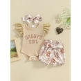 thumbnail image 2 of Suealasg Newborn Girls Outfit 3M 6M Fly Sleeve Letter Print Romper Dress Elastic Waist Floral Print Shorts Headband Set 3Pcs Baby Girl Summer Clothes Set, 2 of 9