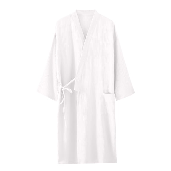 Puntoco Women's V-Neck Crinkle Cotton Gauze Wrap Robe, 3/4 Sleeve Breathable Sleep Bathrobe with Tie Belt & Pocket White XL