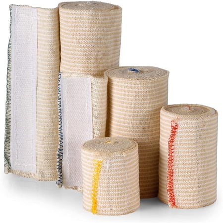 Premium Elastic Bandage Wrap Compression Roll with Hook and Loop Closure, 2 3 4 6 inch x 5 Yards per Roll - Latex Free Reusable FDA Approved Compression Stretch Roll for First Aid (Pack of 4 Rolls)