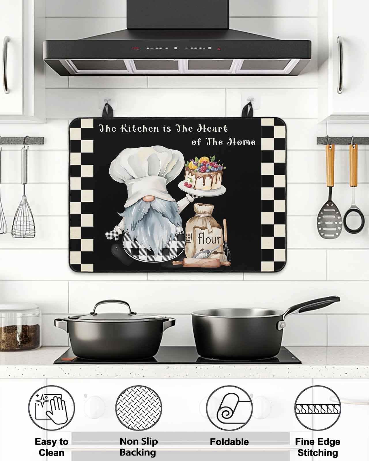 Stove Top Covers for Electric Stove, Chef Gnomes Glass Stovetop Cover Protector, Black White Plaid Dessert Maker Cake Induction Cooktop Protector Oven Mat for Kitchen Countertop 24"x21"