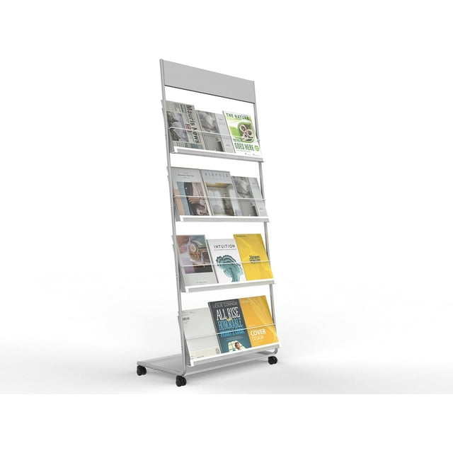 Magazine Rack: Floor-Standing 4-Layer with Wheels, Brochure Display Stand for Exhibitions, Office, and Any Organization Requiring Information Display (Silver)