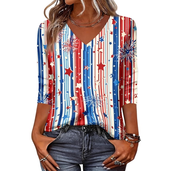 Wutalume Women's 3/4 Sleeve American Flag Top - Stars and Stripes Independence Day Print V-Neck T-Shirt, 4th of July Outfits for Women, 3/4 Length Sleeve Womens Tops,Beige L