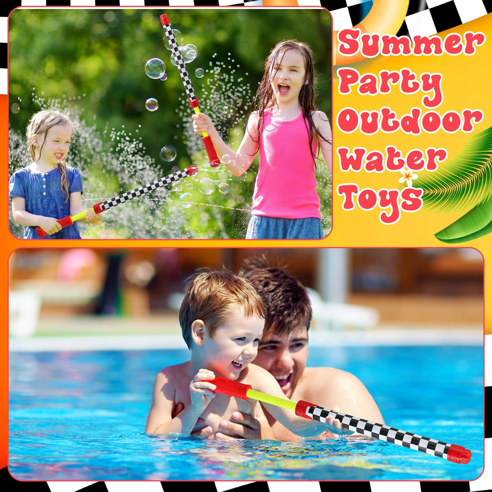 6 Race Car Water Blaster Shooters Black and White Checkered Summer Pool Beach Party Supplies