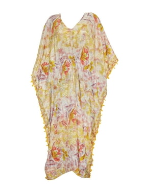 Mogul Women's Yellow Floral Kimono Caftan V- Neck Pom Pom Tassel Long Maxi Kaftan 3X
