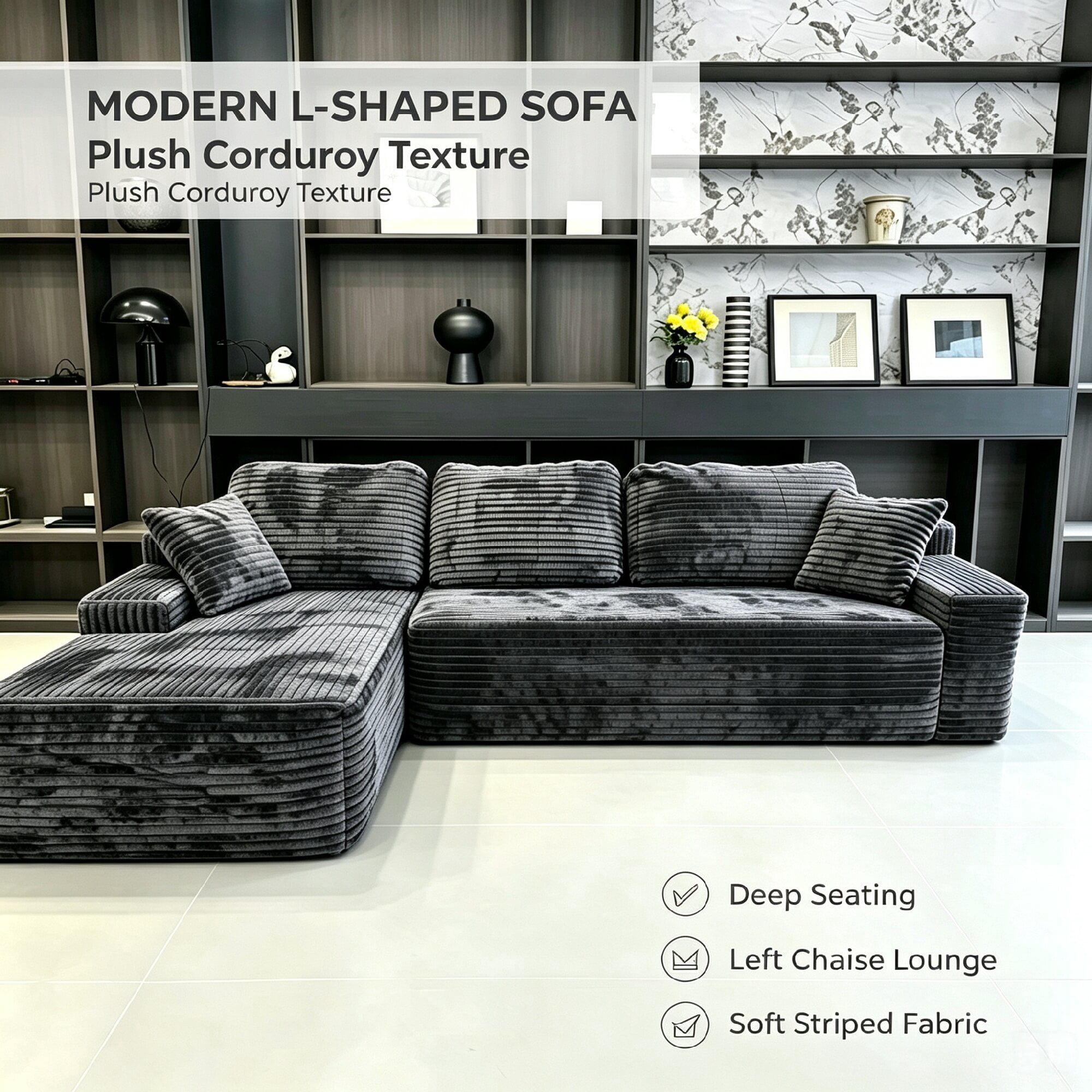Howcool 96" L‑Shaped Modular Sectional Sofa with Deep Seat Chaise,Corduroy 3‑Seat Boneless Cloud Couch,Compressed Sofa for Living Room,No Assembly Required,Left Facing,Gray