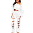 thumbnail image 2 of Idoravan Women Sets Clothing Womens Casual Fashion Sexy Hollow Out Solid Color Shoulder Ripped Top Trousers Pants Set, 2 of 5