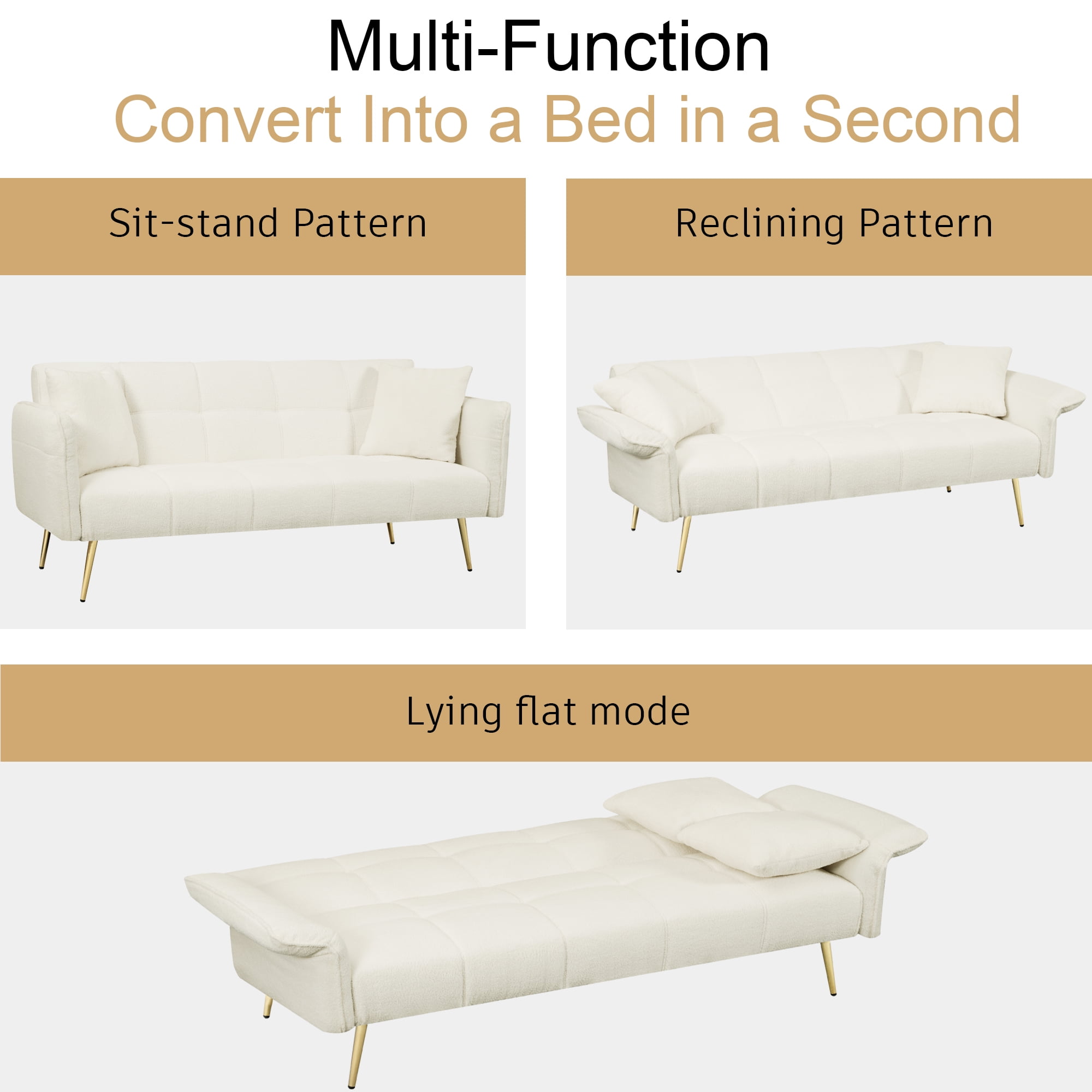 Futon Sofa Bed,Convertible Double Sofa Bed with Folding Armrests for Living Rooms and Small Spaces,Beige