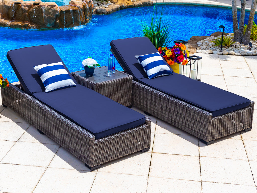 Tuscany 3-Piece Resin Wicker Outdoor Patio Furniture Chaise Lounge Set with Two Chaise Lounge Chairs and Side Table (Half-Round Gray Wicker, Sunbrella Canvas Navy) - image 1 of 4