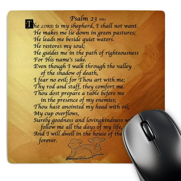 3dRose, Psalm 23. “The Lord is my shepherd” on a golden background with two small lambs faux embossed., MousePad