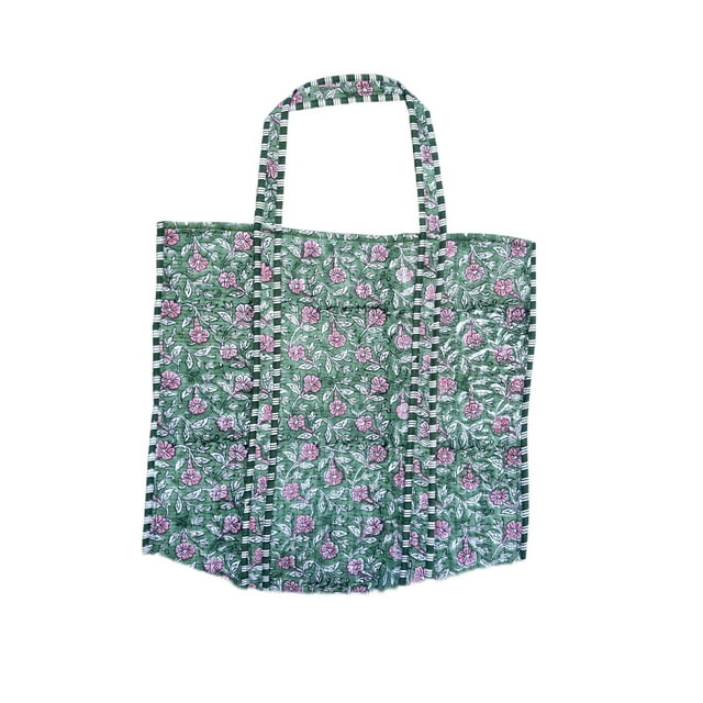 Bolsa acolchada de algodón reversible estampada a mano multicolor