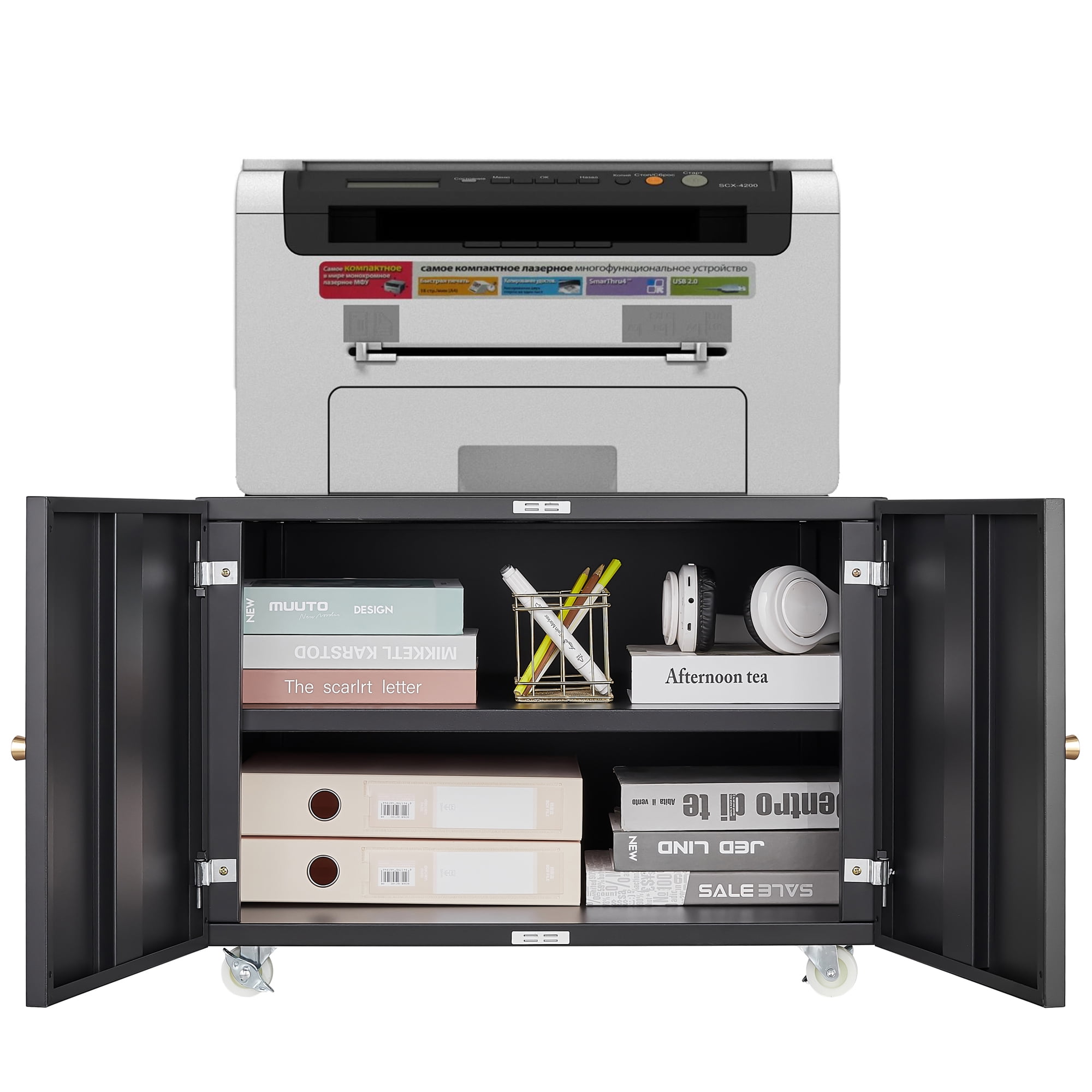 Tzou Steel Printer Cabinet with Wheels - Mobile Printer Stand with Adjustable Shelf & Storage for Home Office, Compact File Cabinet for Small Spaces
