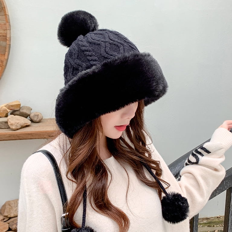 Women\'s Faux Fur Fleece Lined Black Winter Thick Knit Pom Skull Beanie Hat Cap Newbee Fashion - Women Winter Faux Fur Pom Pom Beanie Hat  main image 2