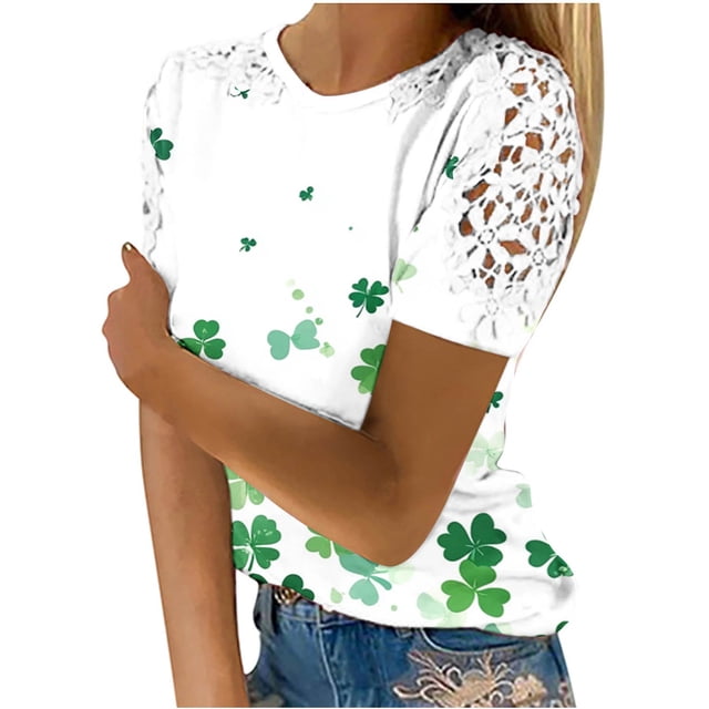 Camisas de Manga Corta para las Mujeres Impresión Cuello Redondo Suéter Encaje Blusa, Top Casual para el Hogar Y Diario
