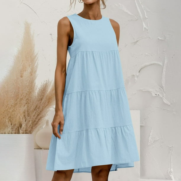 Puntoco Moda Mujer Verano Talla Grande Algodón Y Lino Sin Mangas Empalme Suelto Cuello Redondo Vestido De Color Sólido Azul Claro L,Regalos Para Mujer Joven