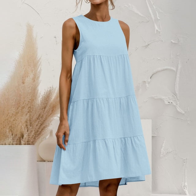 Puntoco Moda Mujer Verano Talla Grande Algodón Y Lino Sin Mangas Empalme Suelto Cuello Redondo Vestido De Color Sólido Azul Claro M,Regalos Para Mujer Joven