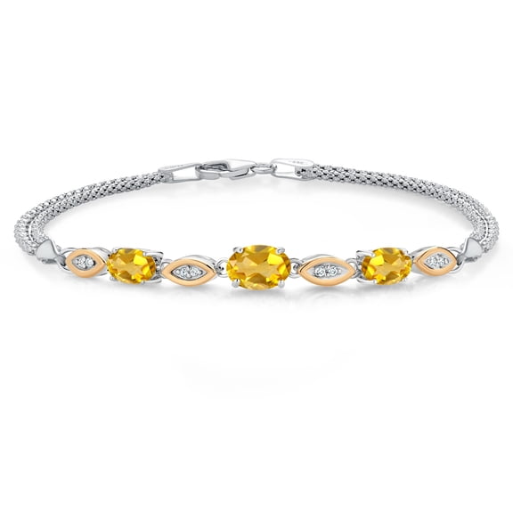 Gem Stone King 925 Silver and 10K Yellow Gold Yellow Citrine and White Lab Grown Diamond Bracelet for Women (1.71 Cttw, Gemstone November Birthstone, Oval, Wheat Chain, 6.5 inches)