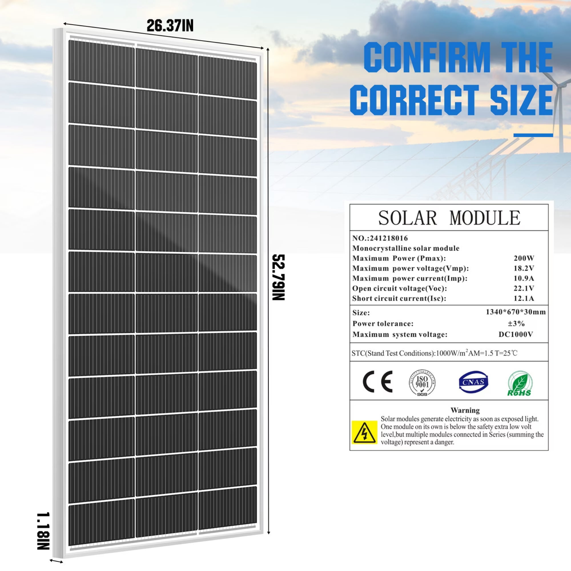 WERCHTAY 200W Solar Panel, High-Efficiency 18BB Monocrystalline Module, 12V PV Power Charger for RV, Marine, Home Backup and Off-Grid Systems
