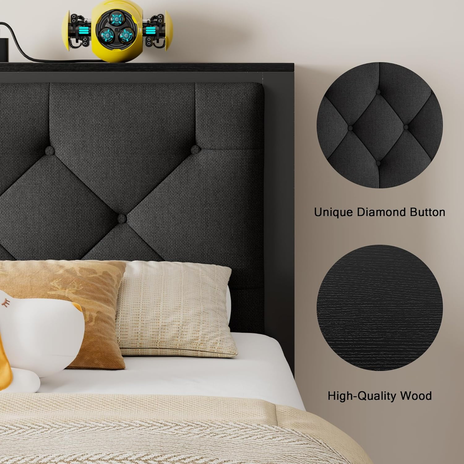 Honfach Twin Bed Frame with Storage Drawer, Metal Platform Bed with Charging Station, Upholstered Button Tufted Storage Headboard,  Black