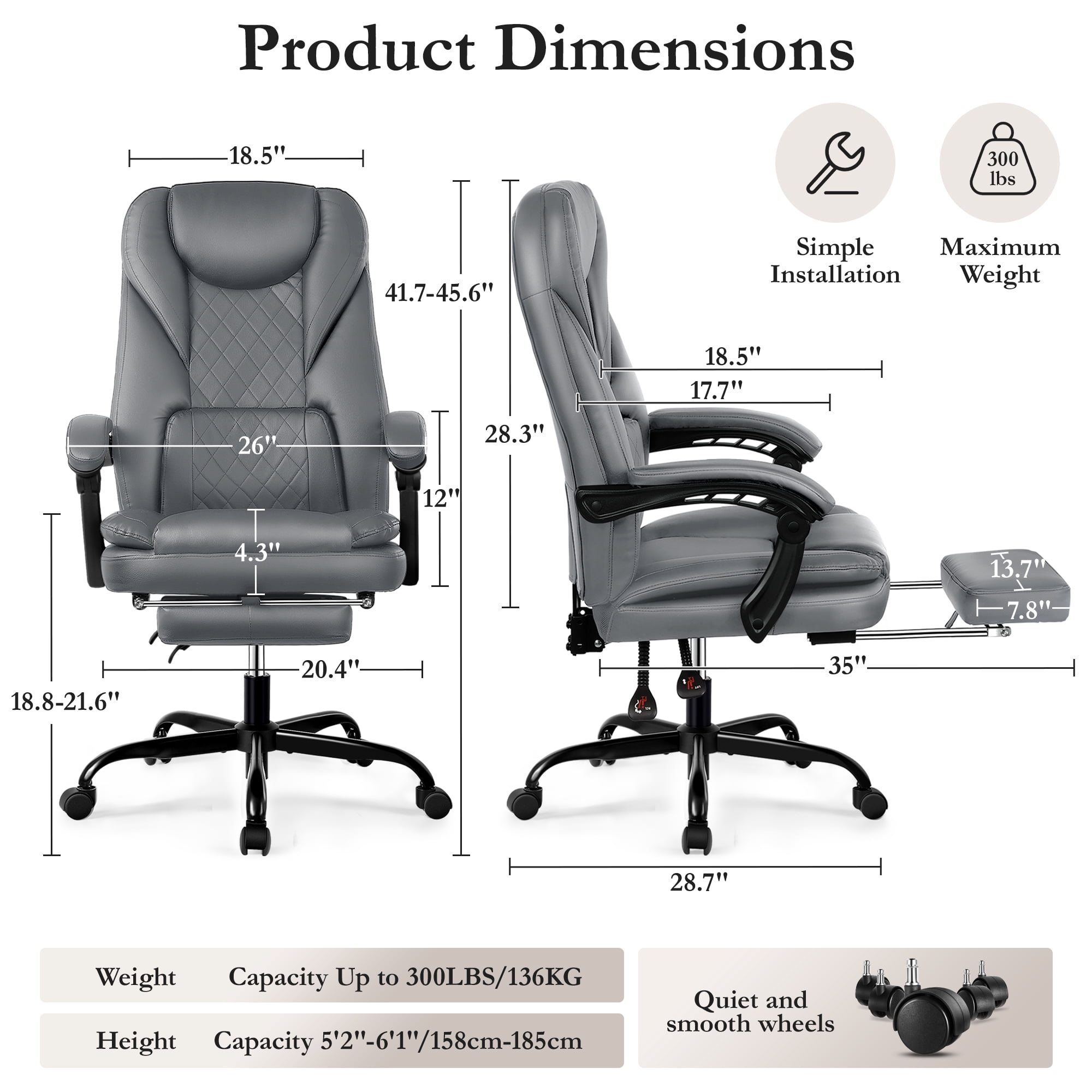 Primy Premium Executive Office Chair - Big & Tall PU Leather Reclining Chair with Footrest & Lumbar Support, 400lb Heavy Duty Ergonomic Computer Desk Chair for Home/Office, Gray