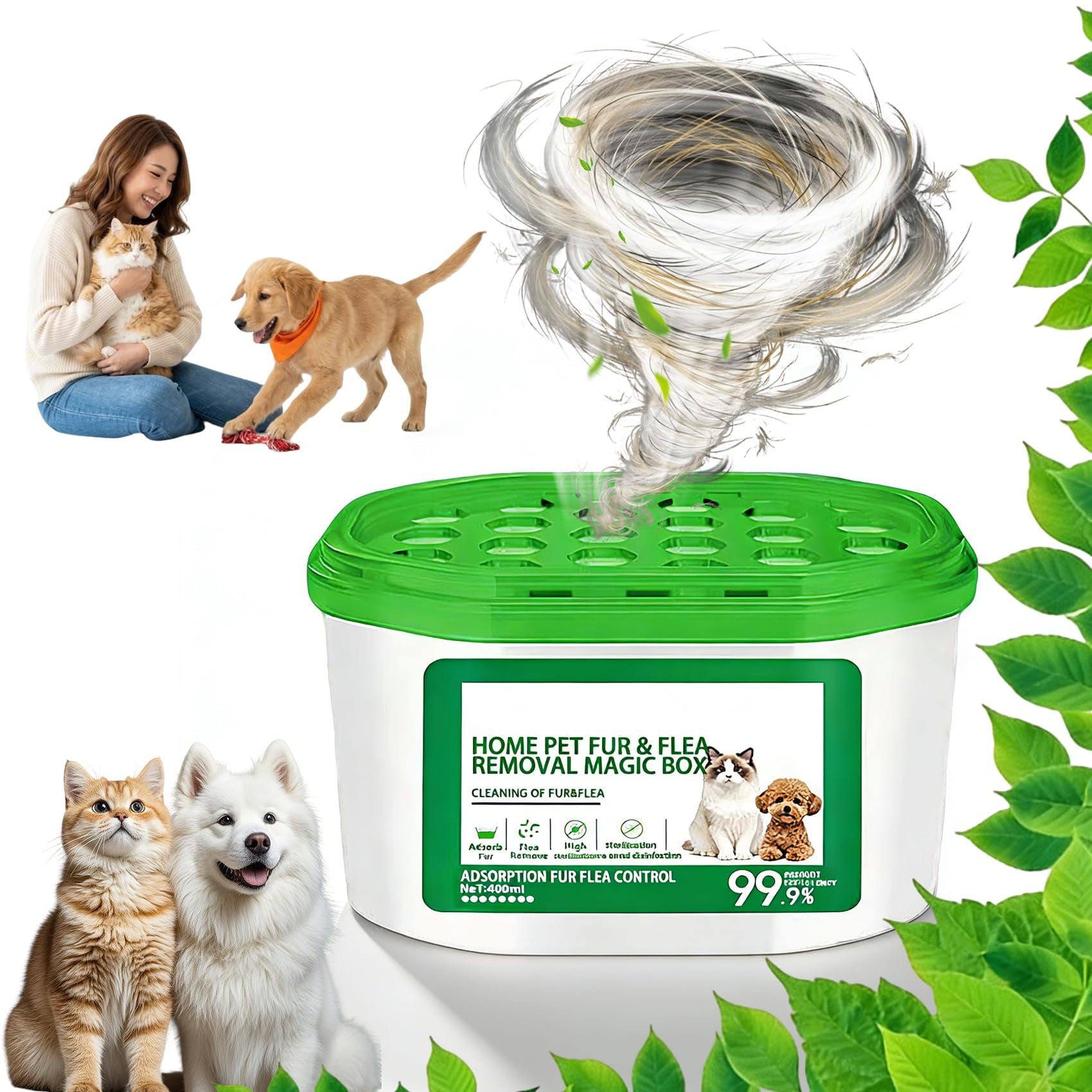 Home Pet Fur & Odor Removal Magic Box, 360° All-Around Coverage Pet Hair Remover, Indoor Air Purification Dust Removal Magic Box