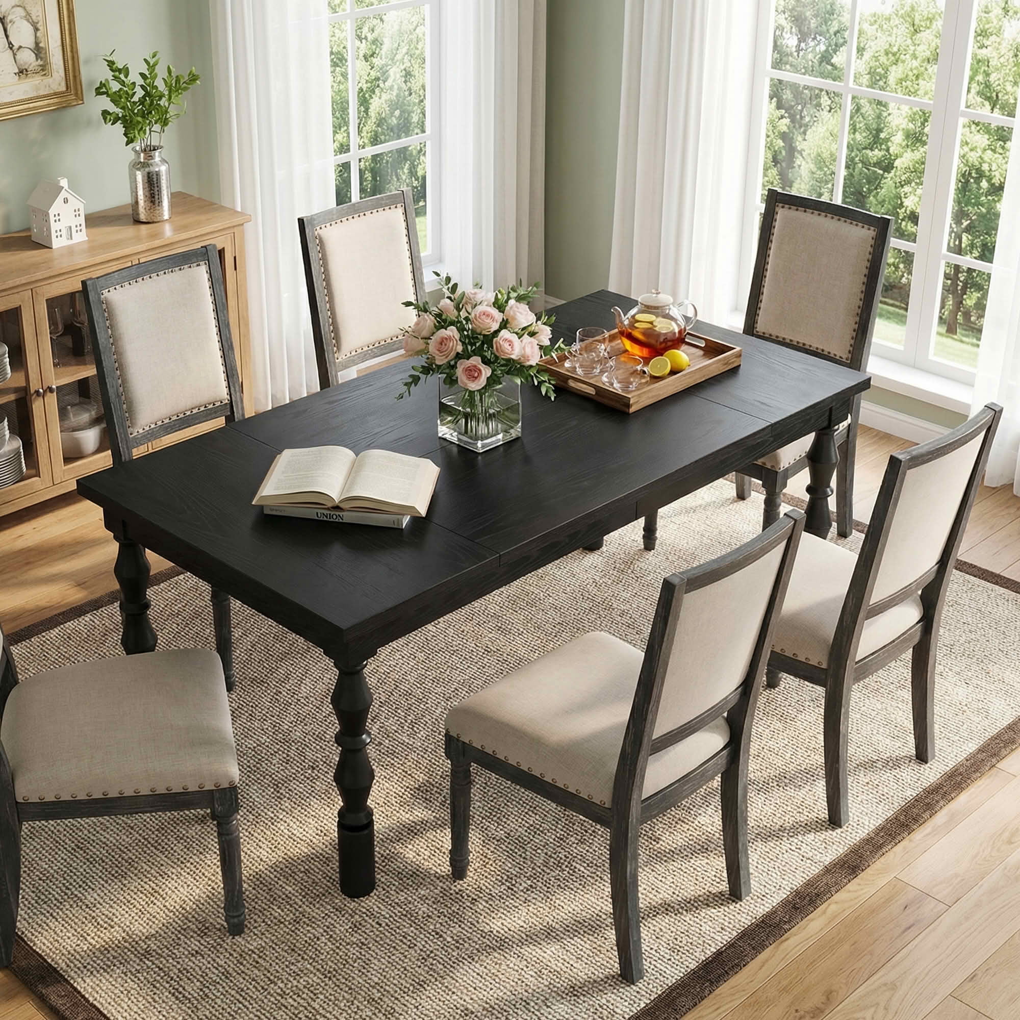 MAYEERTY 62 Inch Rectangular Dining Table, Walnut Kitchen Dinner Table with Carved Turned Legs for 4 to 6 People