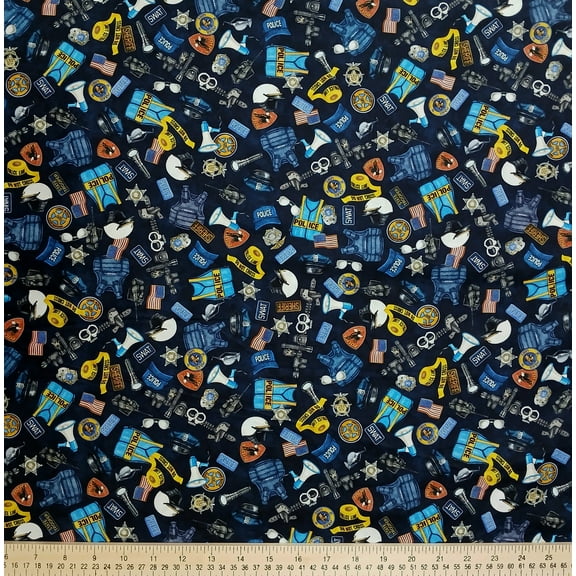 Cotton American Heroes Police America Handcuffs Badge Vest Belt Flashlight Flag Quilting Treasures Cotton Fabric Print by the Yard (2600-30688-N)